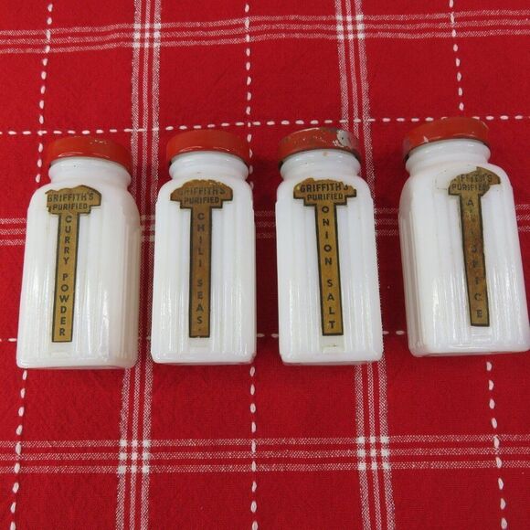 Griffiths Milk Glass Spice Jars Set of 10 Red Lids Some Labels - Picture 2 of 10